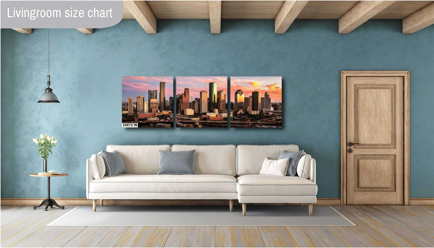 Houston Wall Art - Houston Skyline Sunset Panoramic Photo | Downtown Cityscape Print on Premium Photo Paper, Canvas, Acrylic & Metal