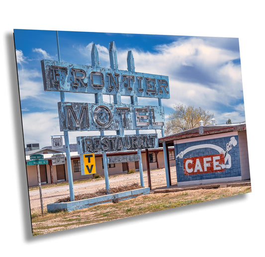 Vintage Route 66 Motel Sign Print: Frontier Motel Wall Art, Retro Arizona Decor, Mid-Century Western Photo