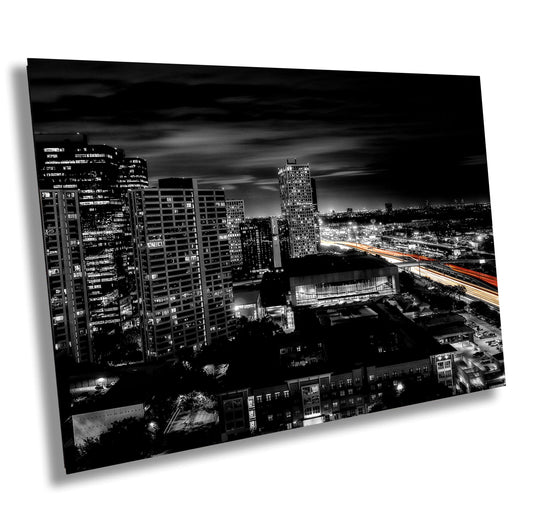 Houston Skyline Panoramic Night Photo | Cityscape with Lakewood Church & Light Trails | Urban Art Decor