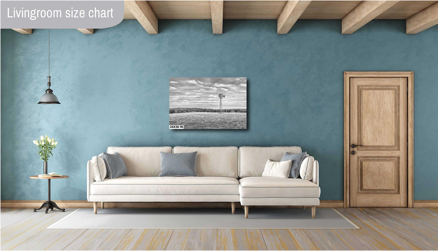 Western Wall Art | Black & White Windmill Photo Landscape Poster for Farmhouse Decor | Country House Print on Paper or Metal