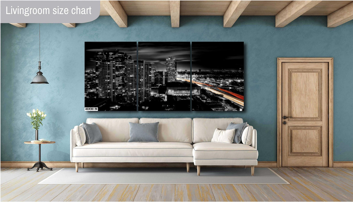 Houston Skyline Panoramic Night Photo | Cityscape with Lakewood Church & Light Trails | Urban Art Decor