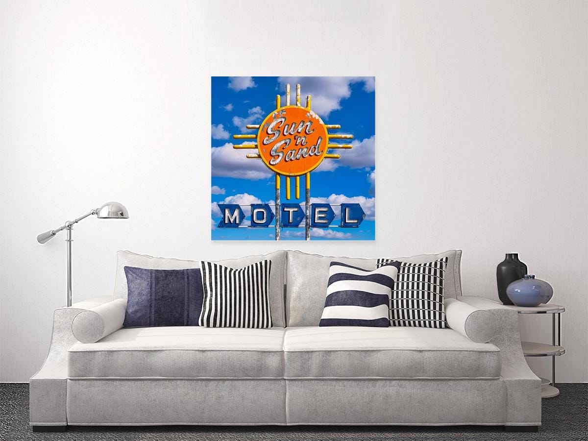 Route 66 Sign Art - Vintage Neon Sun 'N Sand Motel Photo in Santa Rosa, New Mexico | Choose Canvas, Acrylic, or Metal!
