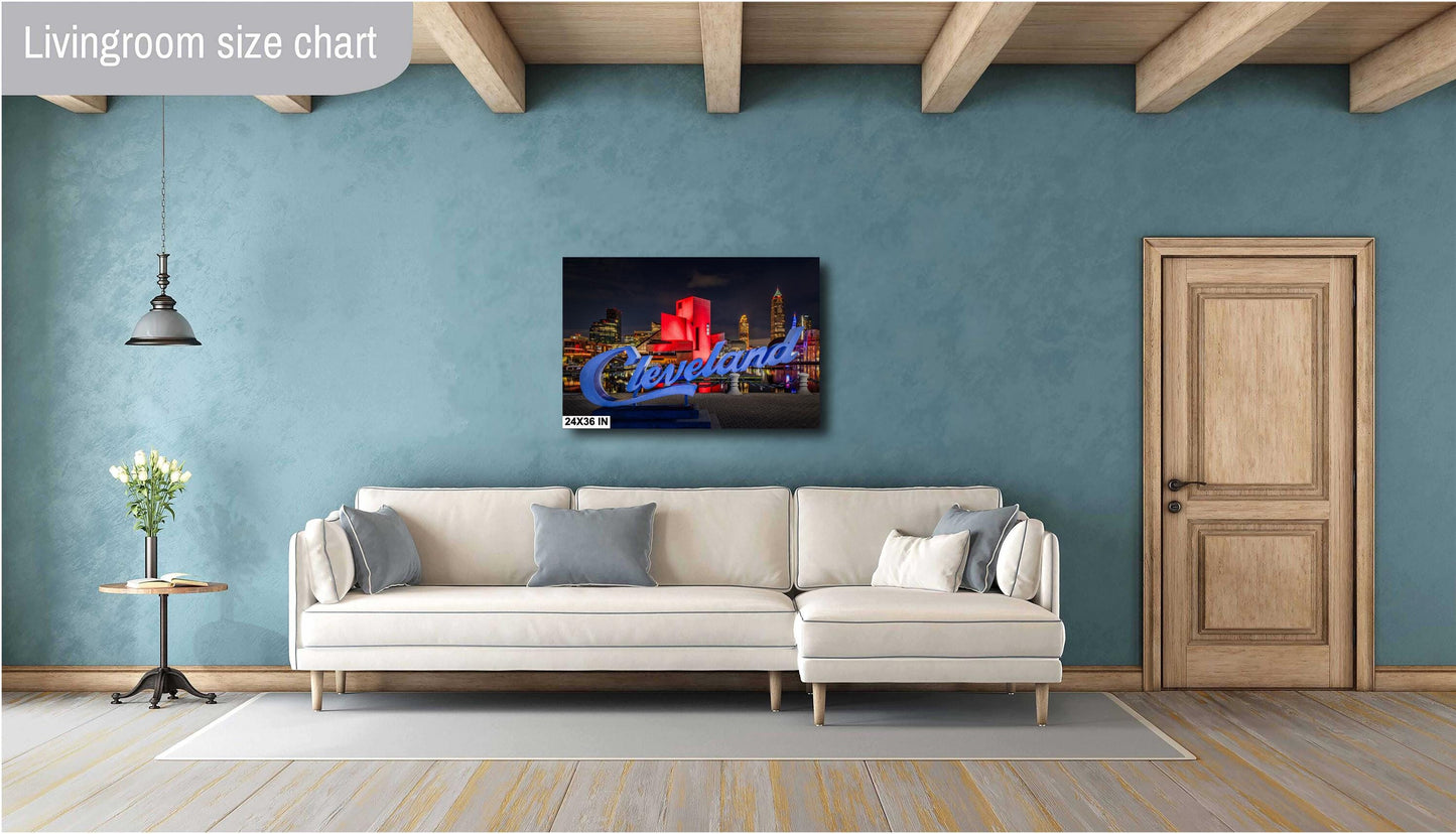 Cleveland Skyline at Night Art | Script Sign & Rock Hall Canvas, Metal Print | Downtown Ohio Cityscape Decor