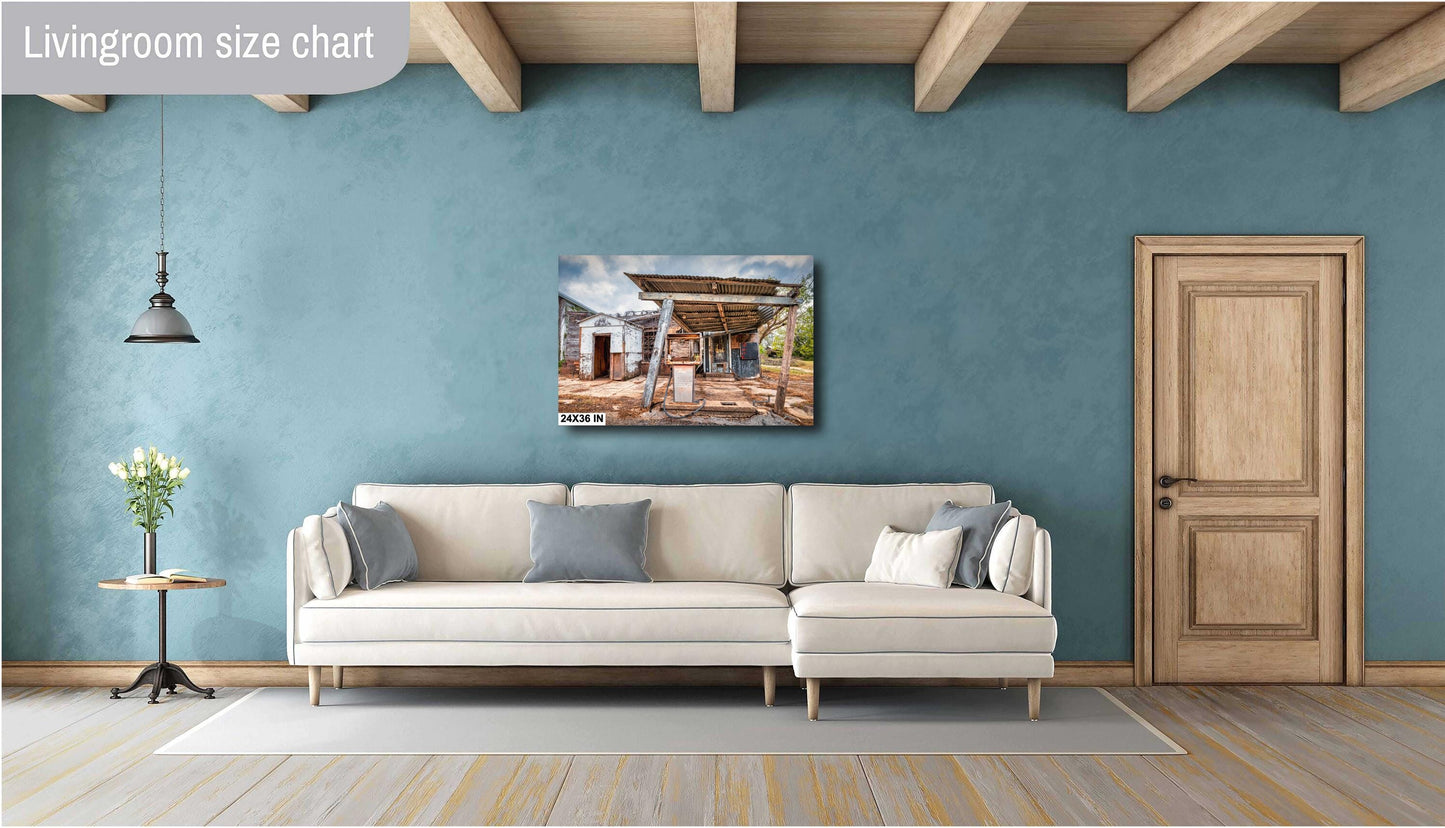 Gas Station Decor - Rustic Abandoned Gas Station in Iredell, Texas | Premium Quality or Ready-to-Hang Canvas, Acrylic & Metal Options