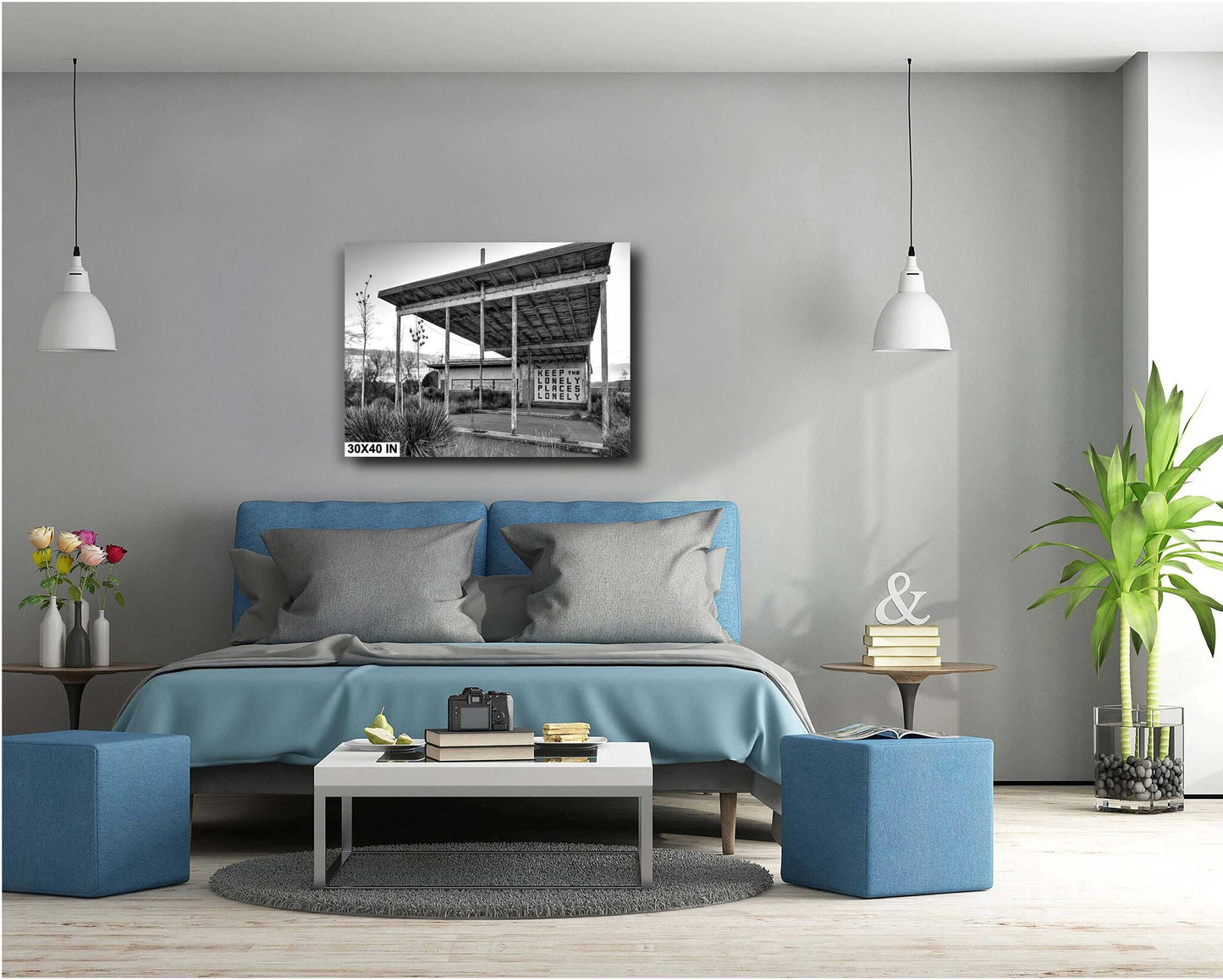 Black and White Decor - Abandoned Gas Station Mural: Black & White Texas Ghost Town Wall Art Print, Desert Americana Landscape Decor