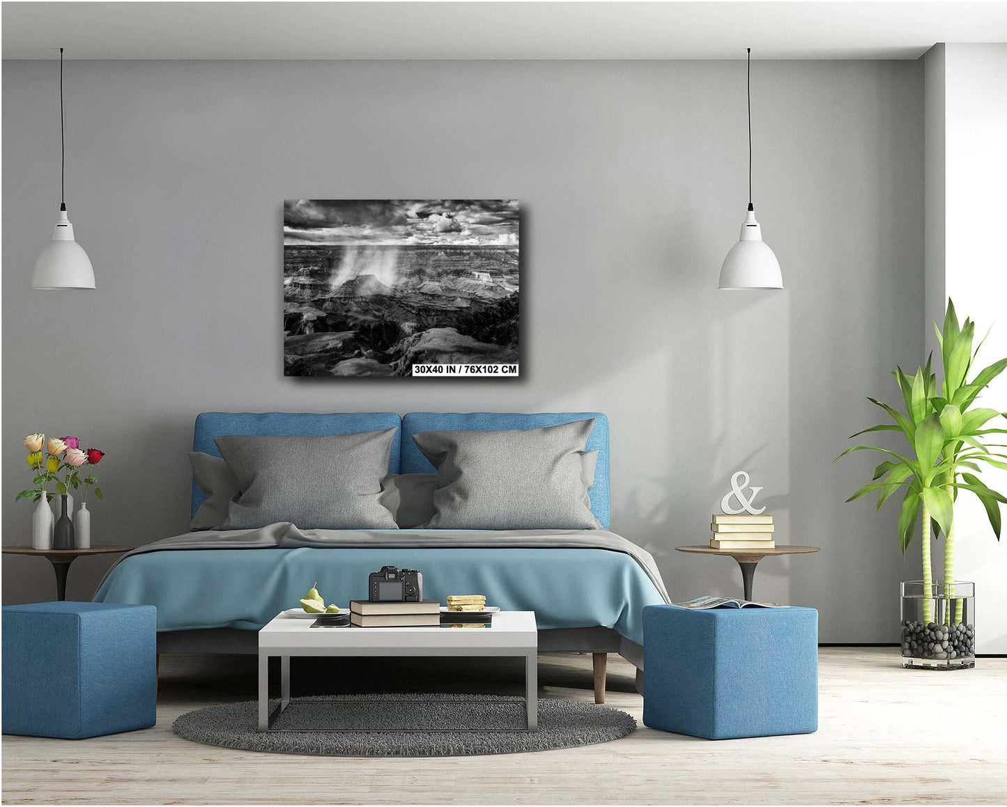 Grand Canyon Art - Black and White Mather Point Rain Photo, Arizona Wall Decor on Paper, Canvas, Acrylic & Metal