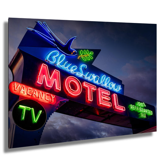 Route 66 Sign - Blue Swallow Motel Neon on Premium Photo Paper, or Ready-to-Hang Canvas, Acrylic, or Metal Decor