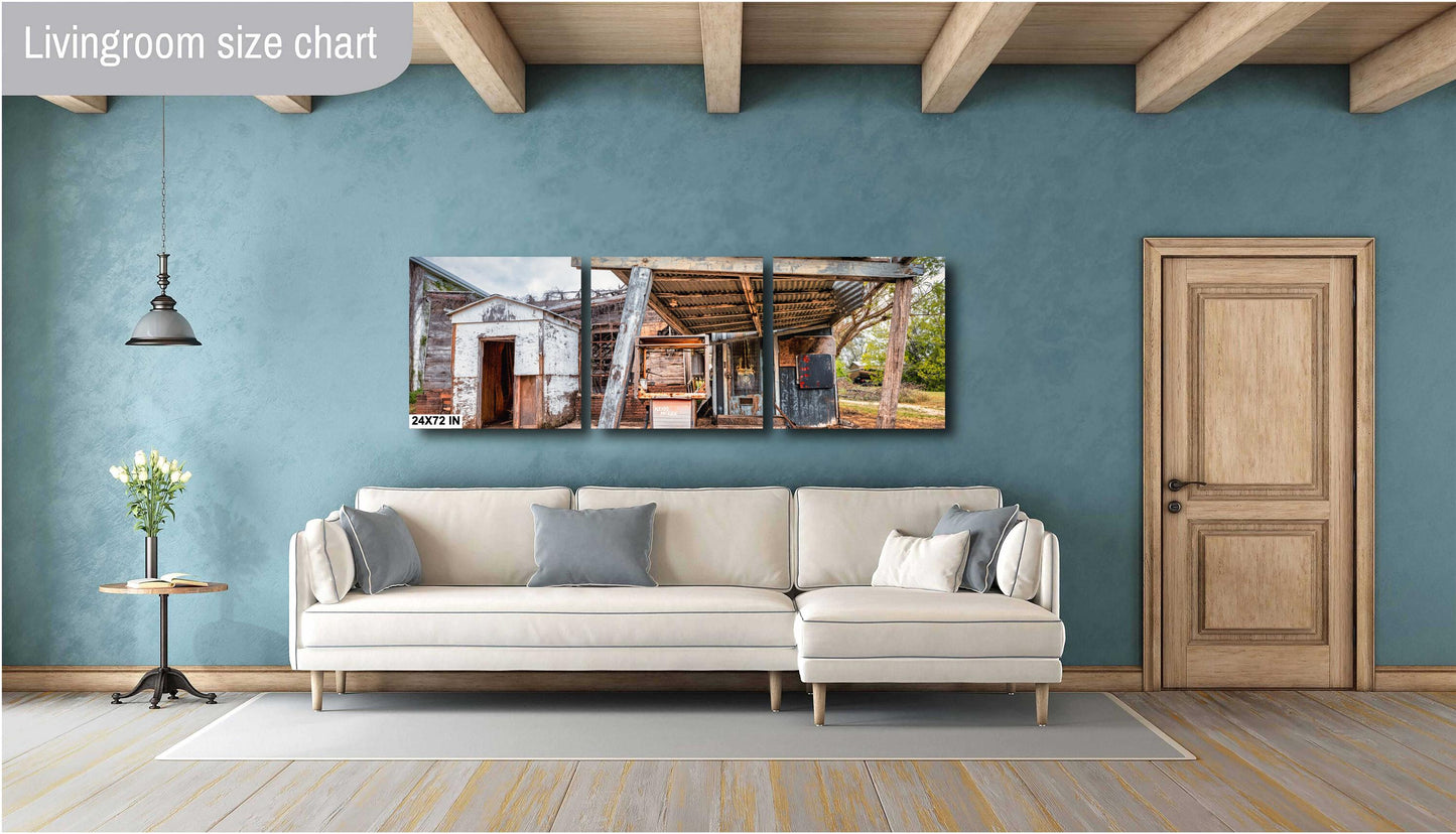 Gas Station Decor - Rustic Abandoned Gas Station in Iredell, Texas | Premium Quality or Ready-to-Hang Canvas, Acrylic & Metal Options