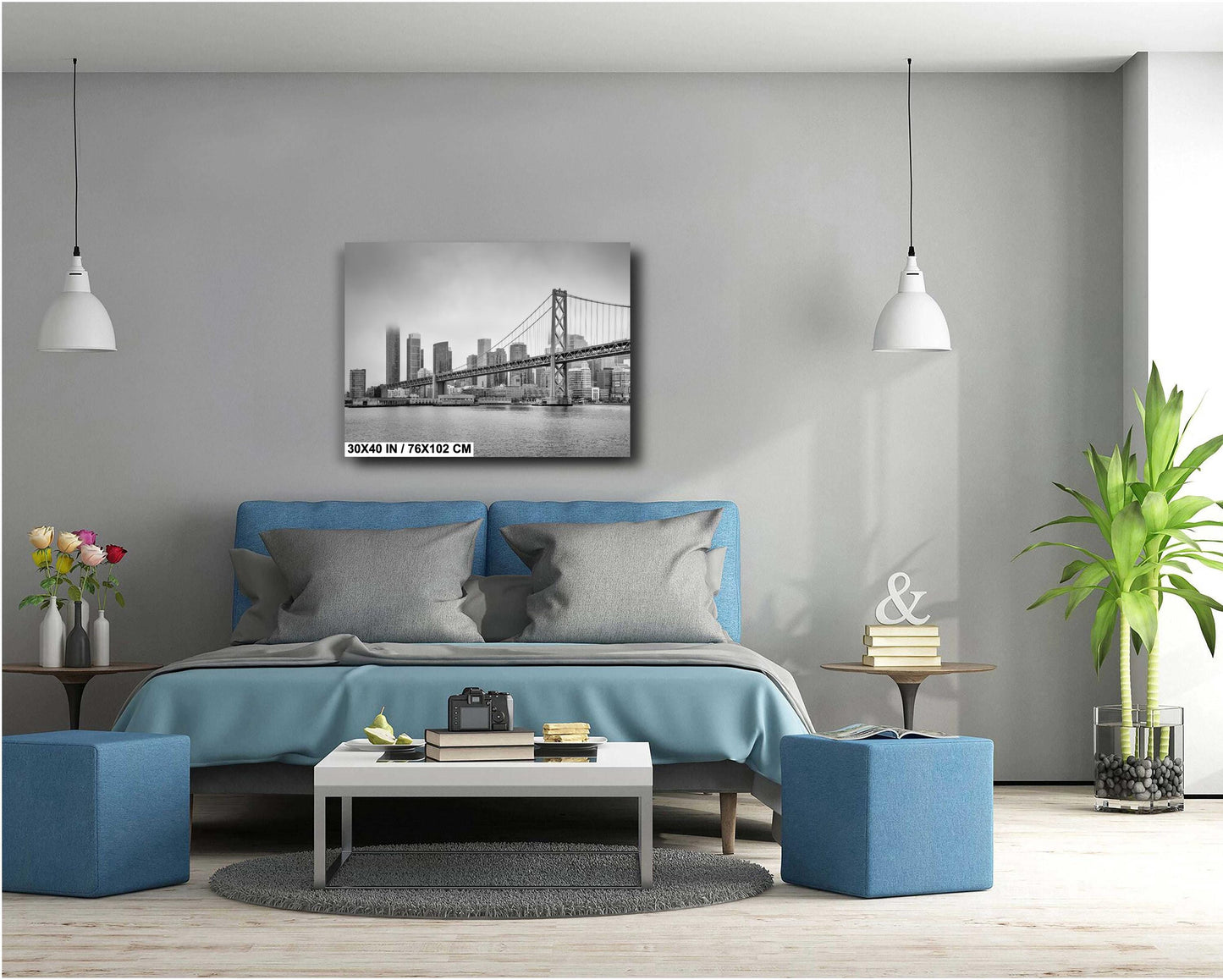 San Francisco Bay Bridge Wall Art Print, Black & White Urban Landscape Cityscape Decor, Modern Home Art % Gift Ideas