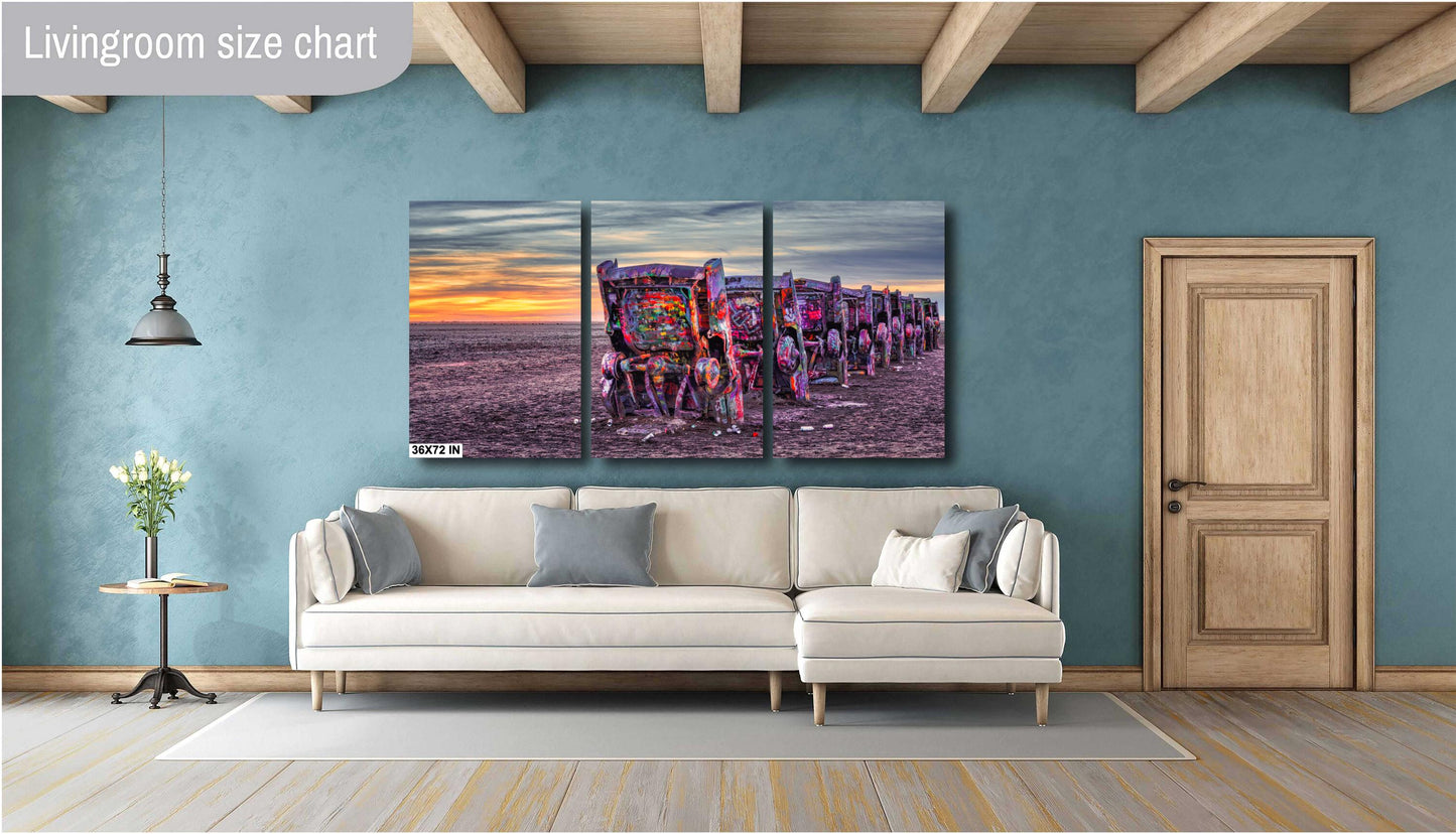 Cadillac Ranch Sunset Panorama | Route 66 Amarillo Texas Roadside Attraction Photography Print on Photo Paper, Canvas & Metal