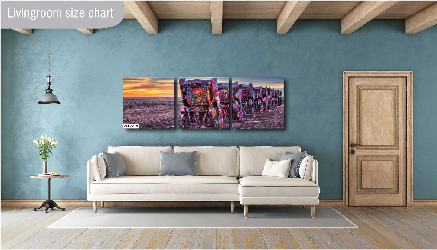 Cadillac Ranch Sunset Panorama | Route 66 Amarillo Texas Roadside Attraction Photography Print on Photo Paper, Canvas & Metal