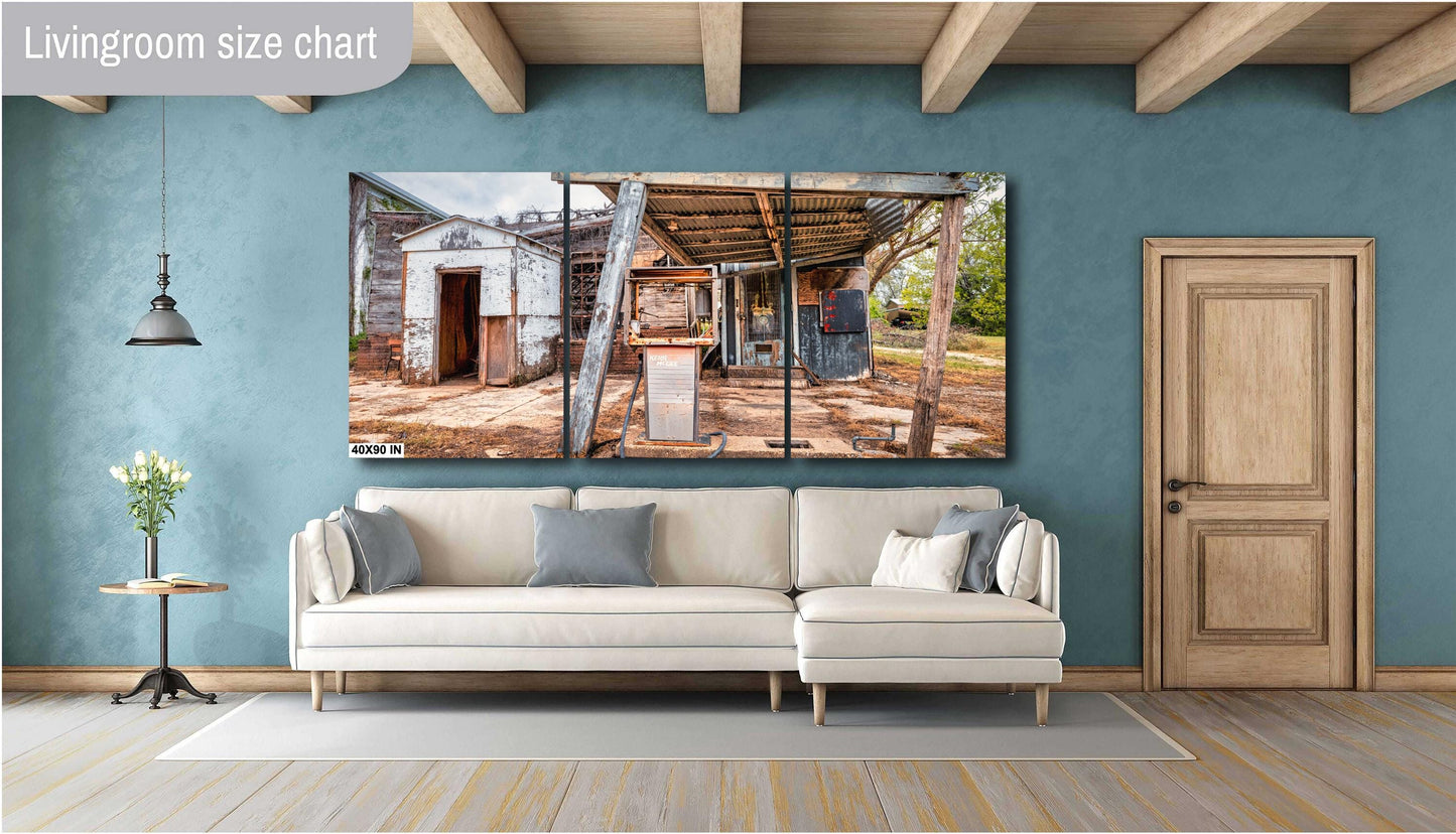 Gas Station Decor - Rustic Abandoned Gas Station in Iredell, Texas | Premium Quality or Ready-to-Hang Canvas, Acrylic & Metal Options