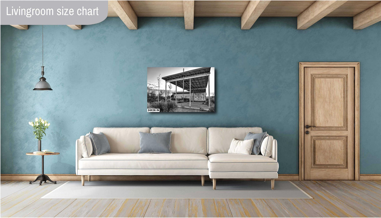 Black and White Decor - Abandoned Gas Station Mural: Black & White Texas Ghost Town Wall Art Print, Desert Americana Landscape Decor