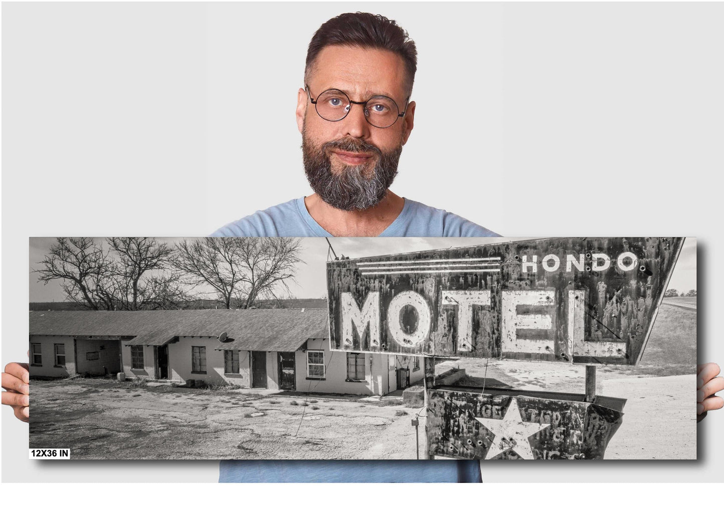 Hondo Motel Neon Sign Art - Black & White Photography for Texas Roadside Wall Decor, Retro Home Decor