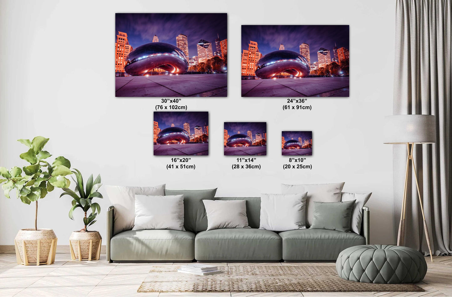 Illuminated Chicago Bean Cloud Gate Evening Cityscape Photography Wall Art - Large Canvas, Acrylic, Metal Print