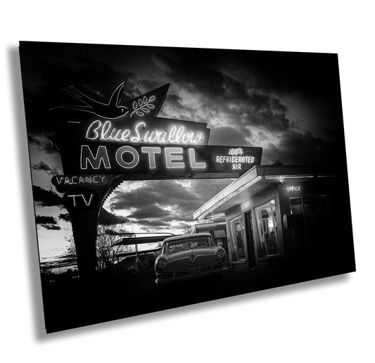 Route 66 Blue Swallow Motel Wall Art: Black & White Neon Sign Photography, Americana Decor, New Mexico Art