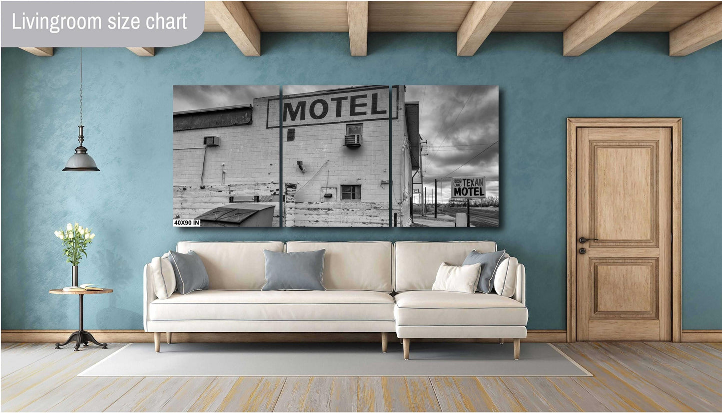 Motel - Black & White Photograph of Route 66 in Shamrock, Texas | Weathered Texan Motel on Photo Paper, Canvas, Acrylic, Metal