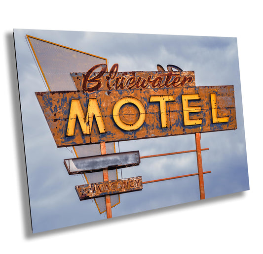 Route 66 Motel Neon Sign Art Print | Vintage Bluewater Motel Photography for Rustic Boho Home Decor