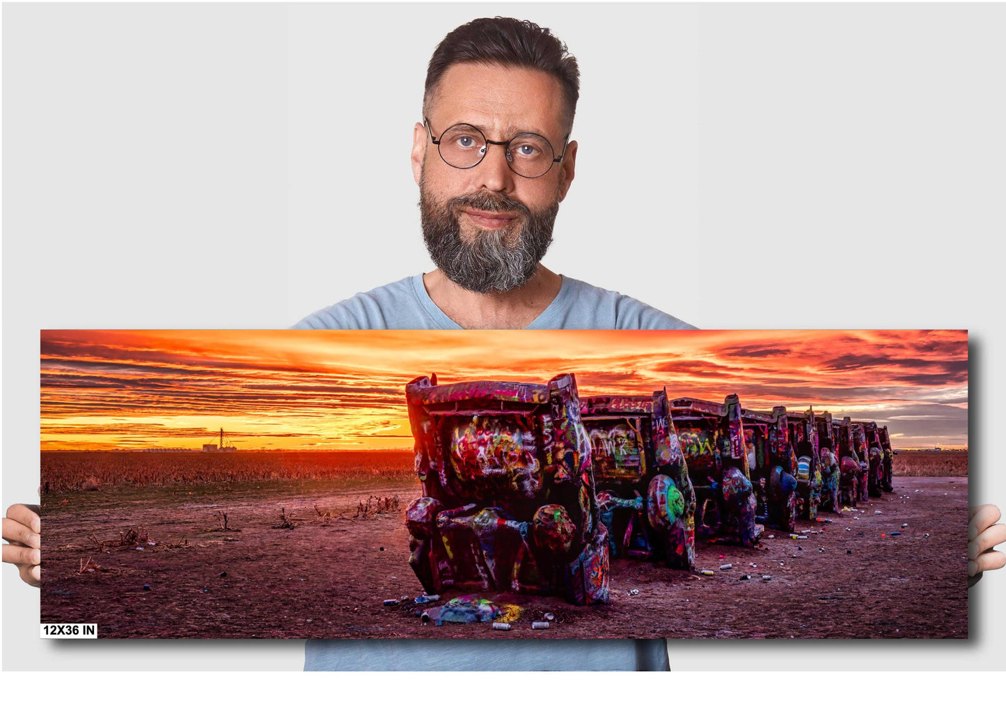 Retro Car Decor - Cadillac Ranch Sunset Print | Route 66 Amarillo Landscape Photography | Texas Americana Wall Art Decor