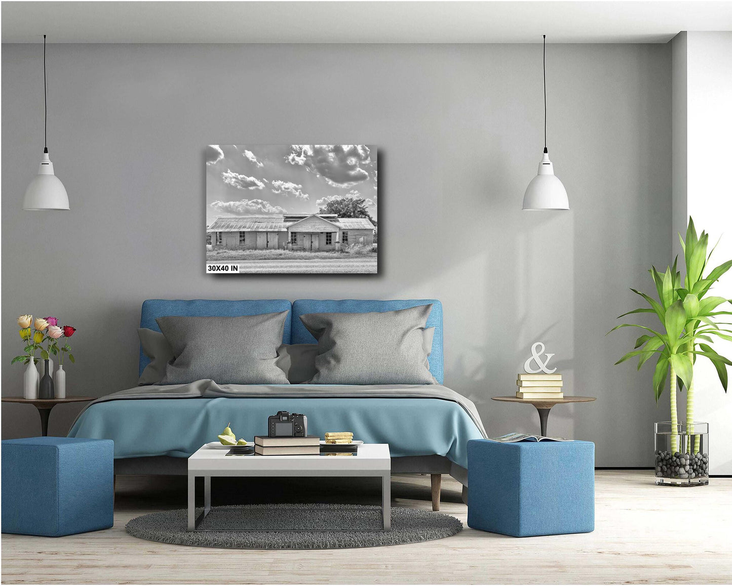 Farmhouse Wall Decor - Rustic Black & White Barn Landscape Print | Modern Farmhouse Wall Art for Living Room or Office Decor