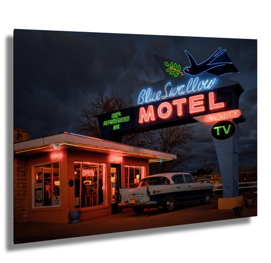 Blue Swallow Motel Vintage Route 66 Photography & Americana Neon Sign Wall Art for Travel Enthusiasts