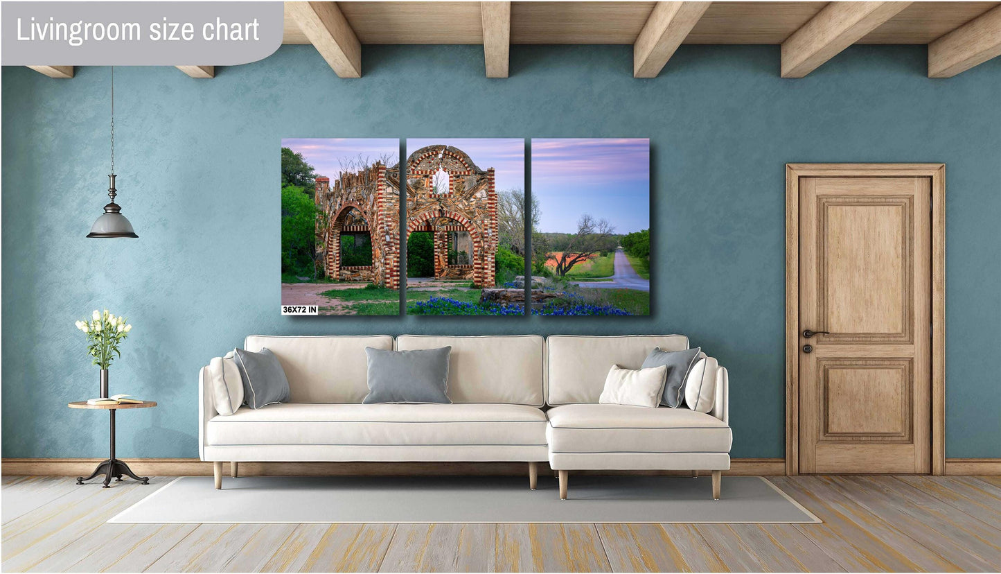 Sunset Photograph Canvas Art | Outlaw Gas Station Texas Bluebonnets & Wildflowers Landscape Print | Springtime Moonshine Decor
