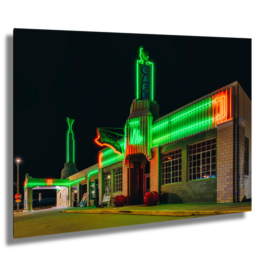 Route 66 Art Deco Gas Station Canvas - Retro U Drop Inn Conoco Tower Neon Wall Art, Texas Gift for Men & Women