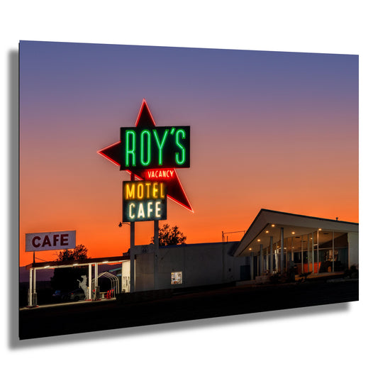 Roy's Motel Cafe Route 66 Blue Hour Art Print - Vintage Photography Wall Decor on Photo Paper, Canvas, Metal & Acrylic