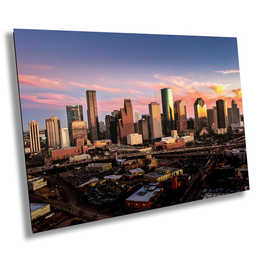 Houston Wall Art - Houston Skyline Sunset Panoramic Photo | Downtown Cityscape Print on Premium Photo Paper, Canvas, Acrylic & Metal
