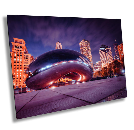 Illuminated Chicago Bean Cloud Gate Evening Cityscape Photography Wall Art - Large Canvas, Acrylic, Metal Print