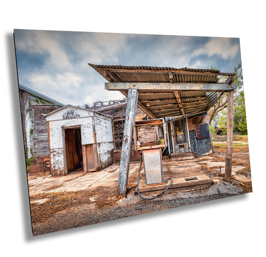 Gas Station Decor - Rustic Abandoned Gas Station in Iredell, Texas | Premium Quality or Ready-to-Hang Canvas, Acrylic & Metal Options