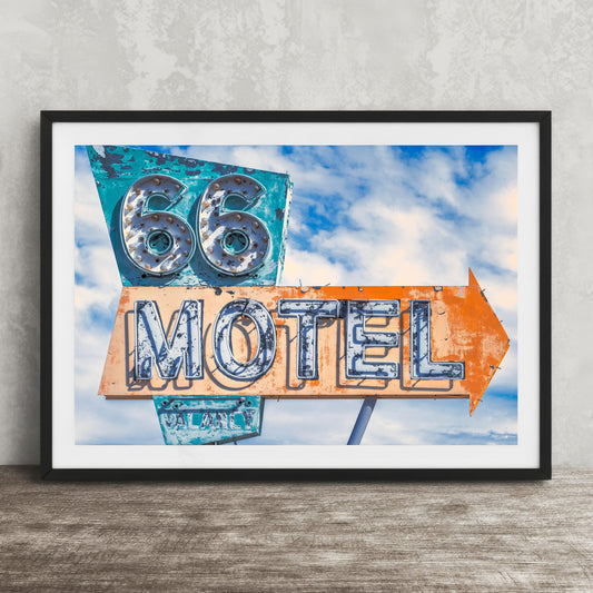 Route 66 Motel Wall Art - Vintage Neon Sign Print | Rustic Retro Decor
