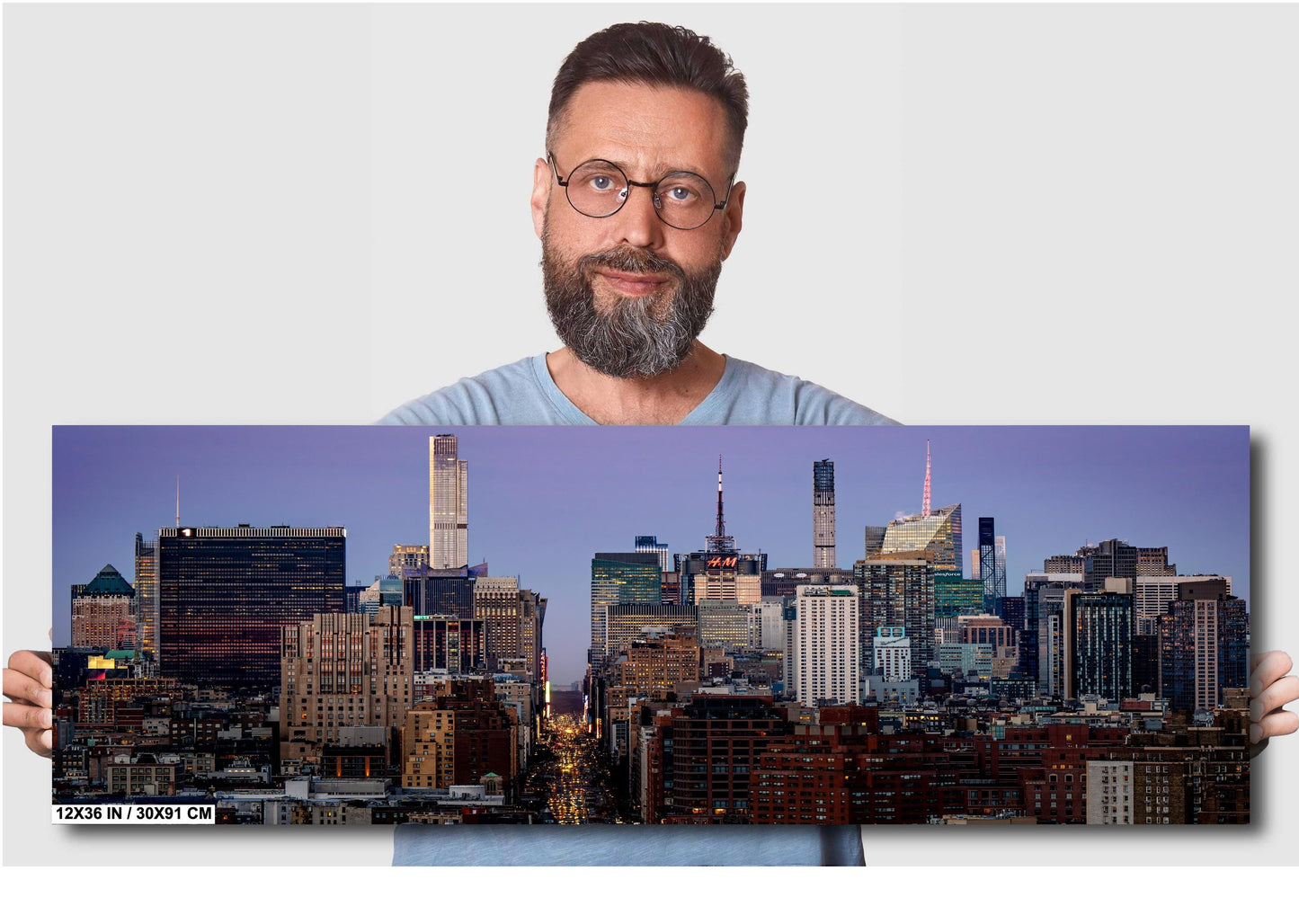 NYC Skyline Panoramic Poster Print: Times Square Evening Cityscape & Midtown Manhattan Traffic Decor